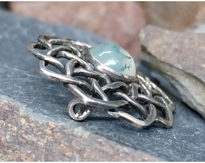 Vintage Sterling Silver Moss Agate Spiral  Brooch - 4.8g