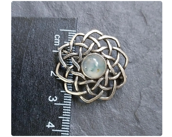 Vintage Sterling Silver Moss Agate Spiral  Brooch - 4.8g