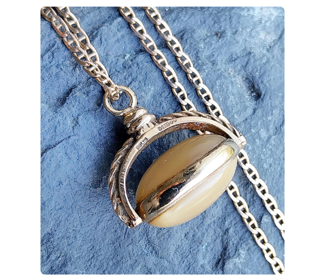 9ct GOLD Cat Eye opal Spinner Pendant on Anchor Link chain - 18" - 10.2g