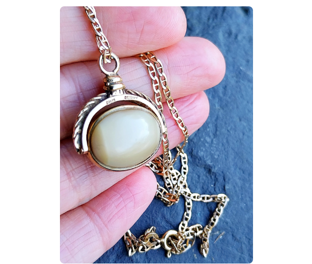 9ct GOLD Cat Eye opal Spinner Pendant on Anchor Link chain - 18" - 10.2g