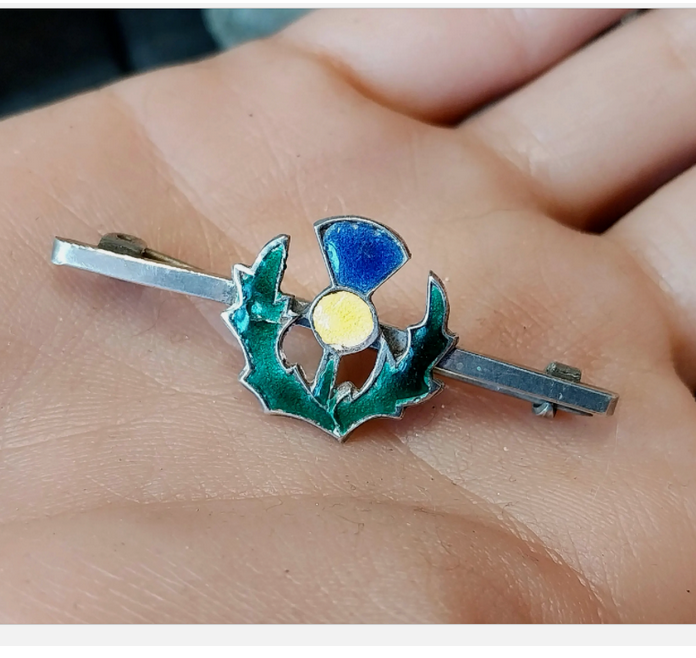 Vintage Sterling Silver Bar Brooch THISTLE with Coloured Enamel - 4.4g