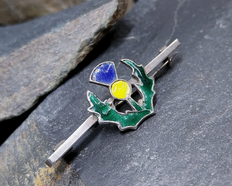 Vintage Sterling Silver Bar Brooch THISTLE with Coloured Enamel - 4.4g