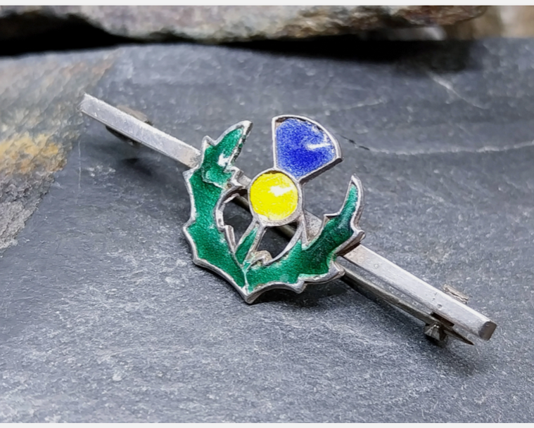 Vintage Sterling Silver Bar Brooch THISTLE with Coloured Enamel - 4.4g