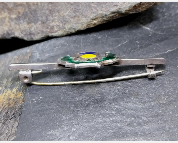 Vintage Sterling Silver Bar Brooch THISTLE with Coloured Enamel - 4.4g