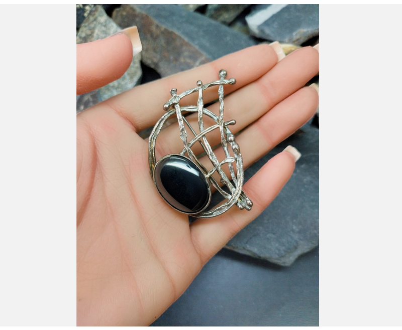 AVI SOFFER BROOCH - Sterling Silver & Hematite - Modernist, Brutalist - 17.1g