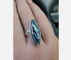 Vintage SILVER RING - Jet Black Onyx and Green Agate - Size uk R 1/2 ( 9) - 6.5g