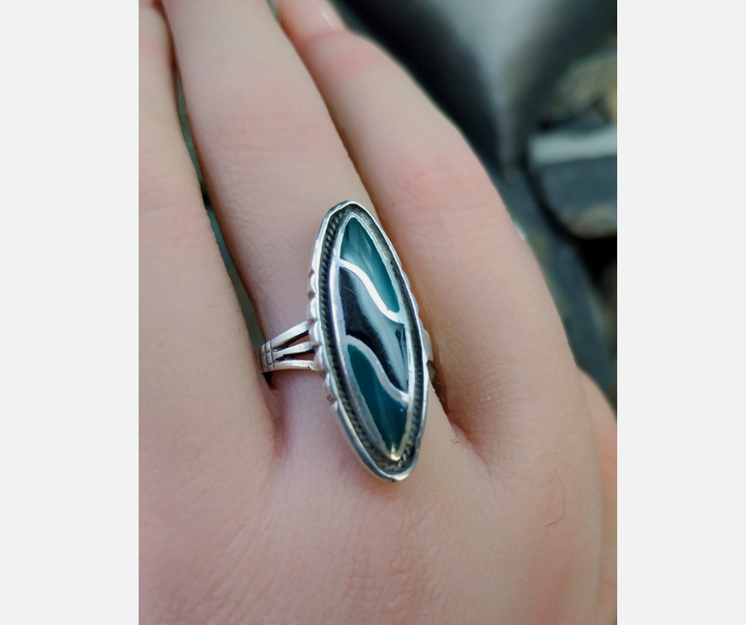 Vintage SILVER RING - Jet Black Onyx and Green Agate - Size uk R 1/2 ( 9) - 6.5g