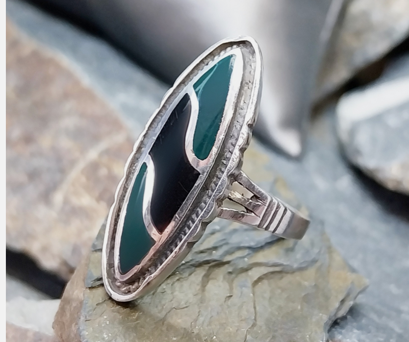Vintage SILVER RING - Jet Black Onyx and Green Agate - Size uk R 1/2 ( 9) - 6.5g