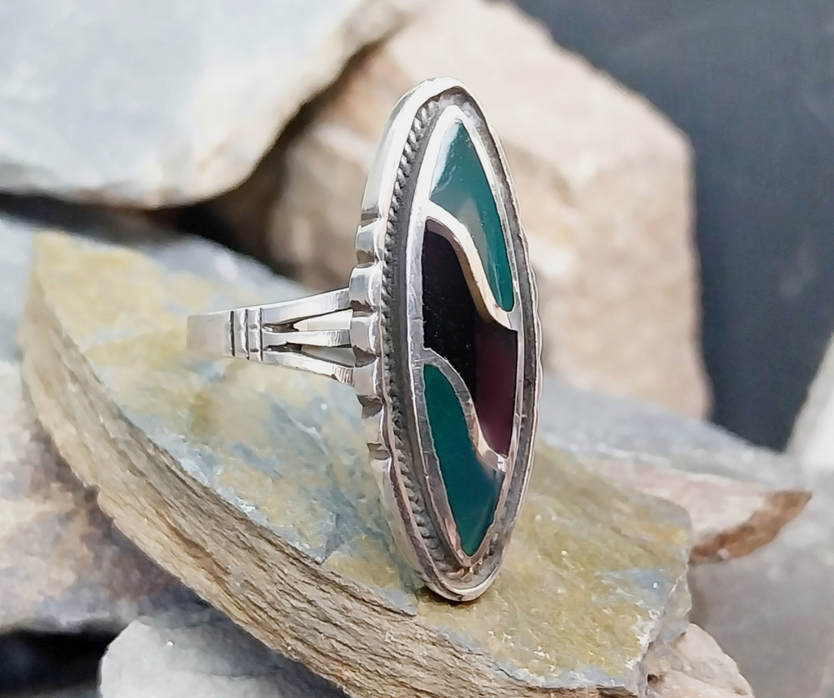 Vintage SILVER RING - Jet Black Onyx and Green Agate - Size uk R 1/2 ( 9) - 6.5g