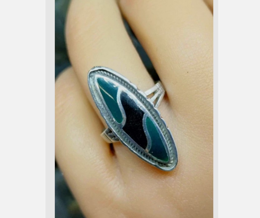 Vintage SILVER RING - Jet Black Onyx and Green Agate - Size uk R 1/2 ( 9) - 6.5g