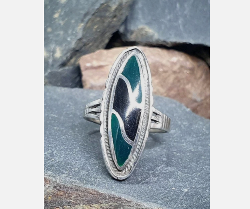 Vintage SILVER RING - Jet Black Onyx and Green Agate - Size uk R 1/2 ( 9) - 6.5g