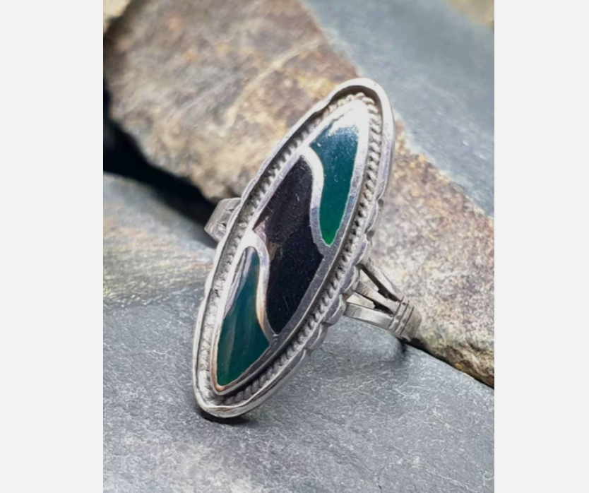 Vintage SILVER RING - Jet Black Onyx and Green Agate - Size uk R 1/2 ( 9) - 6.5g