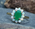 9ct GOLD Fire Opal & Green Stone Ring - Size uk L (us 5.75) - Hallmarked - 1.6g