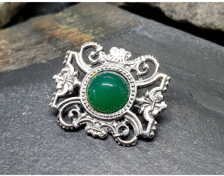 Vintage GREEN GEMSTONE BROOCH - Sterling Silver Edinburgh 1962 - 5.7g