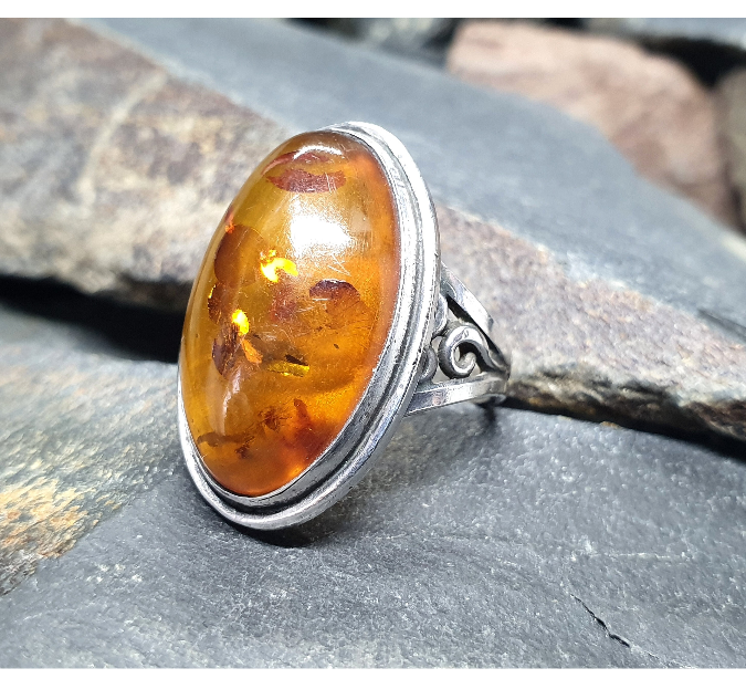 Large AMBER Sterling Silver Ring - Vintage Sterling Silver - uk size O (7) - 6.4g