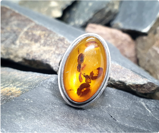 Large AMBER Sterling Silver Ring - Vintage Sterling Silver - uk size O (7) - 6.4g