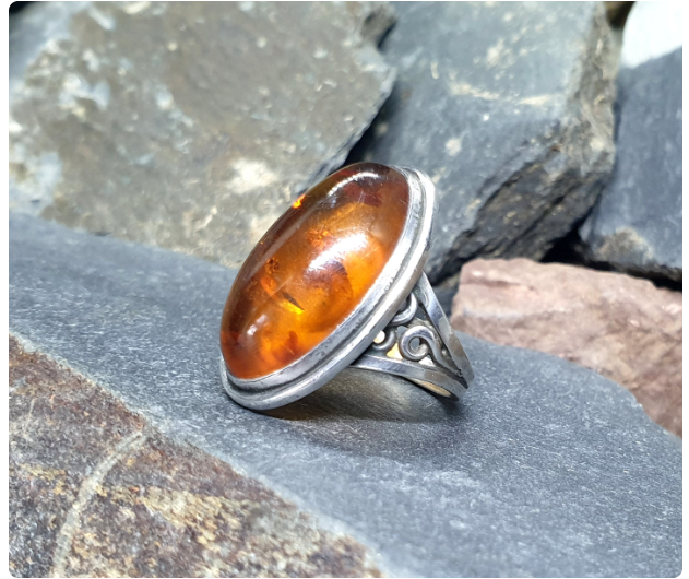 Large AMBER Sterling Silver Ring - Vintage Sterling Silver - uk size O (7) - 6.4g