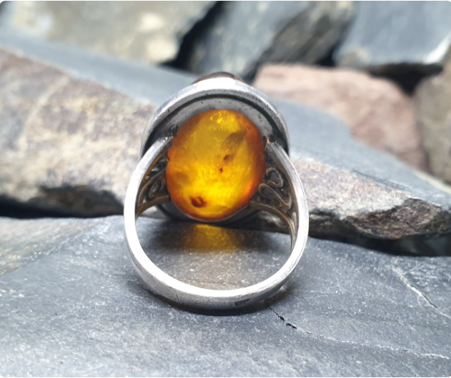 Large AMBER Sterling Silver Ring - Vintage Sterling Silver - uk size O (7) - 6.4g