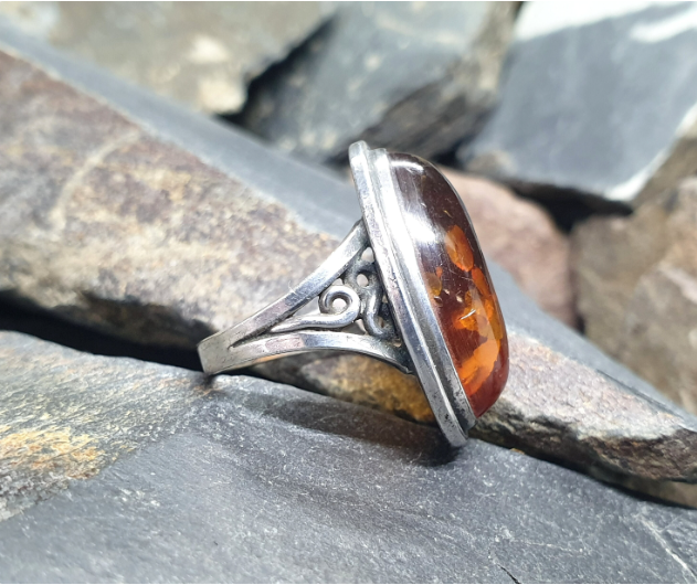 Large AMBER Sterling Silver Ring - Vintage Sterling Silver - uk size O (7) - 6.4g