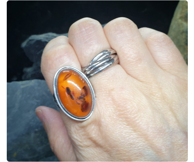 Large AMBER Sterling Silver Ring - Vintage Sterling Silver - uk size O (7) - 6.4g