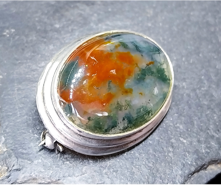 Vintage Sterling Silver Moss Agate Dendritic Silver Brooch - 10.2g