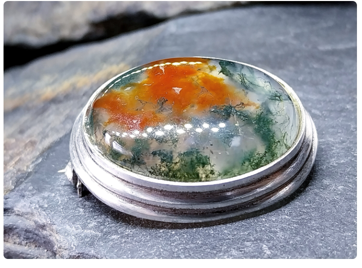 Vintage Sterling Silver Moss Agate Dendritic Silver Brooch - 10.2g