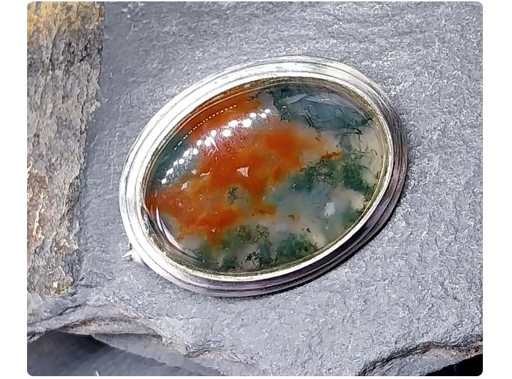 Vintage Sterling Silver Moss Agate Dendritic Silver Brooch - 10.2g