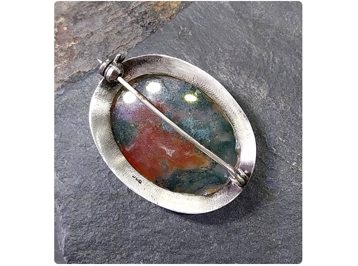 Vintage Sterling Silver Moss Agate Dendritic Silver Brooch - 10.2g