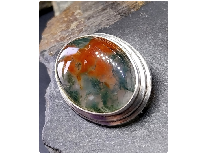 Vintage Sterling Silver Moss Agate Dendritic Silver Brooch - 10.2g