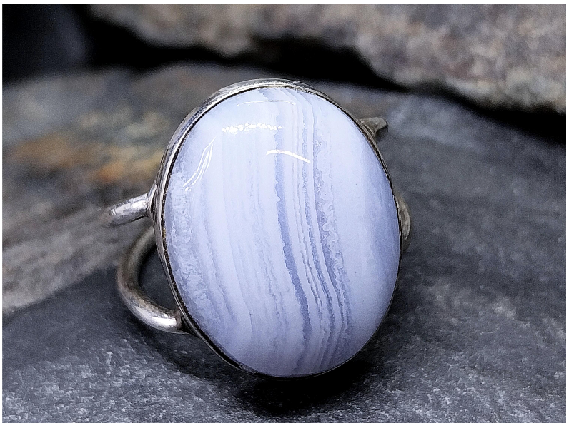 Vintage Sterling Silver Ring - Blue Lace Agate - uk size O (7) - 6.4g