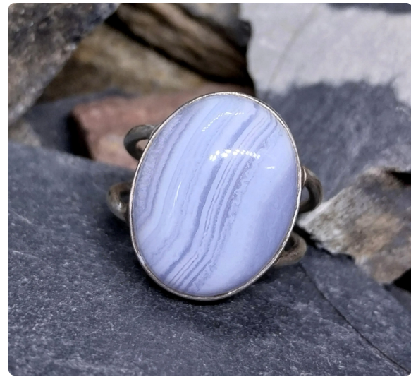 Vintage Sterling Silver Ring - Blue Lace Agate - uk size O (7) - 6.4g