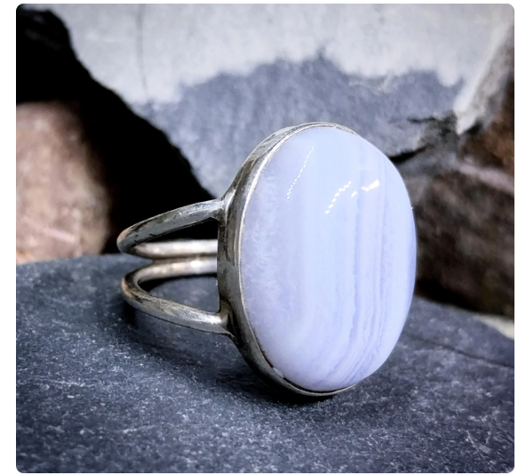 Vintage Sterling Silver Ring - Blue Lace Agate - uk size O (7) - 6.4g
