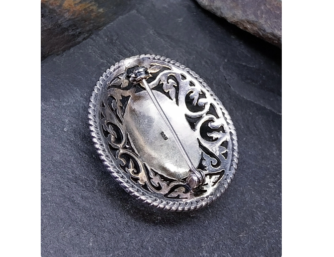 Vintage Oval ONYX Brooch - Sterling Silver - 11.6g