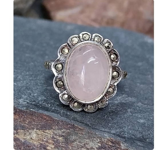 SILVER Art Deco RING with Large Rose Quartz Stone - uk size K 1/2 (us 5.5) - 4.6g