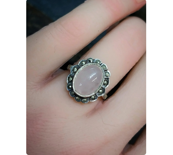 SILVER Art Deco RING with Large Rose Quartz Stone - uk size K 1/2 (us 5.5) - 4.6g