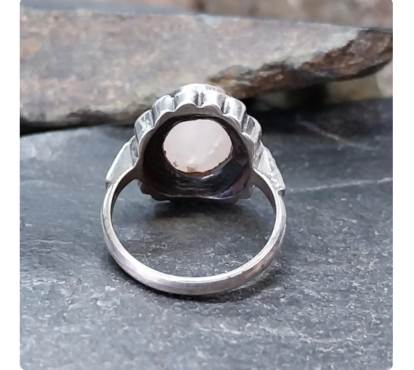 SILVER Art Deco RING with Large Rose Quartz Stone - uk size K 1/2 (us 5.5) - 4.6g