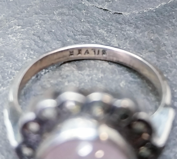 SILVER Art Deco RING with Large Rose Quartz Stone - uk size K 1/2 (us 5.5) - 4.6g