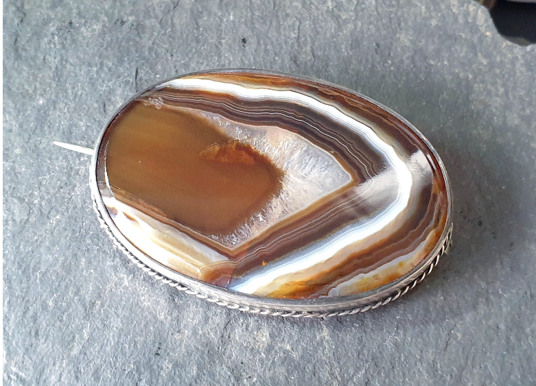 Antique Silver Banded Landscape Agate Brooch - Victorian Sterling Silver - 22.1g