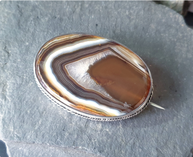 Antique Silver Banded Landscape Agate Brooch - Victorian Sterling Silver - 22.1g