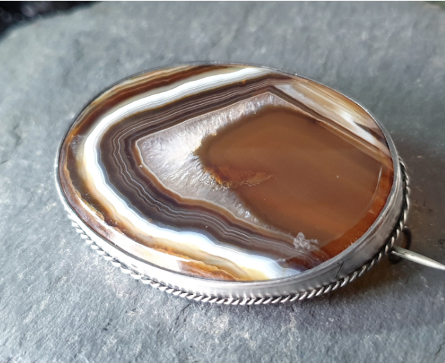 Antique Silver Banded Landscape Agate Brooch - Victorian Sterling Silver - 22.1g