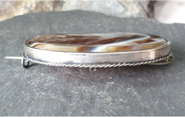 Antique Silver Banded Landscape Agate Brooch - Victorian Sterling Silver - 22.1g