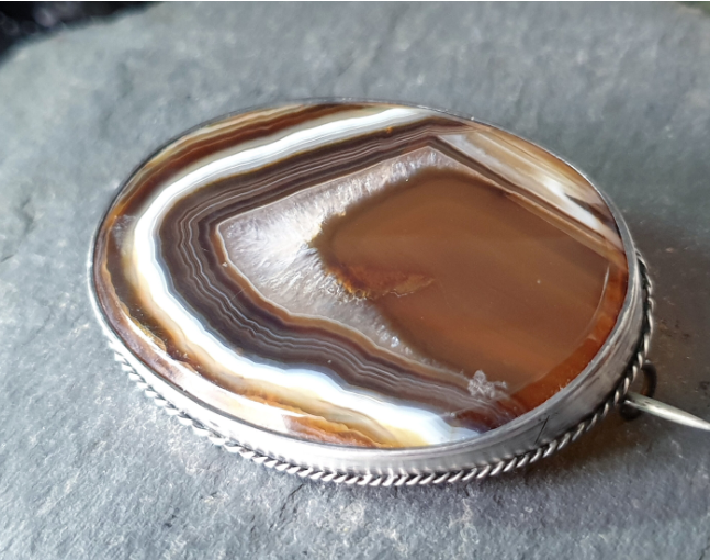 Antique Silver Banded Landscape Agate Brooch - Victorian Sterling Silver - 22.1g