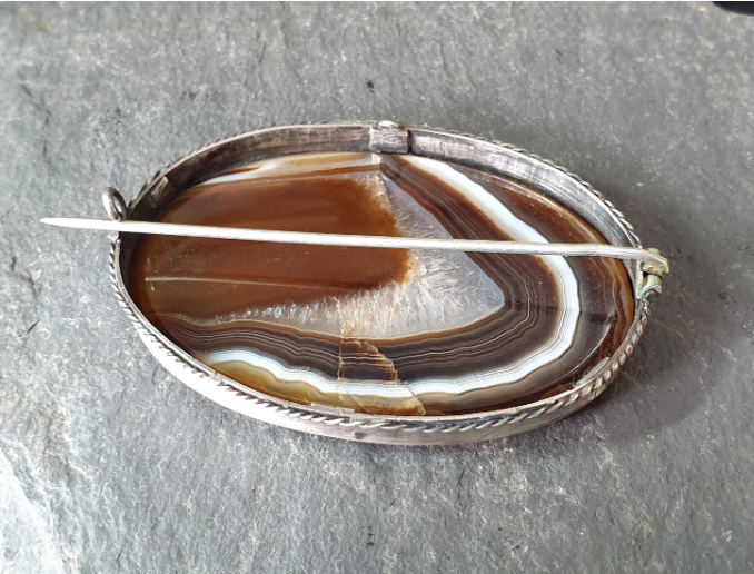Antique Silver Banded Landscape Agate Brooch - Victorian Sterling Silver - 22.1g