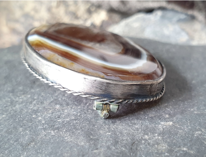 Antique Silver Banded Landscape Agate Brooch - Victorian Sterling Silver - 22.1g