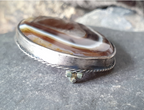 Antique Silver Banded Landscape Agate Brooch - Victorian Sterling Silver - 22.1g