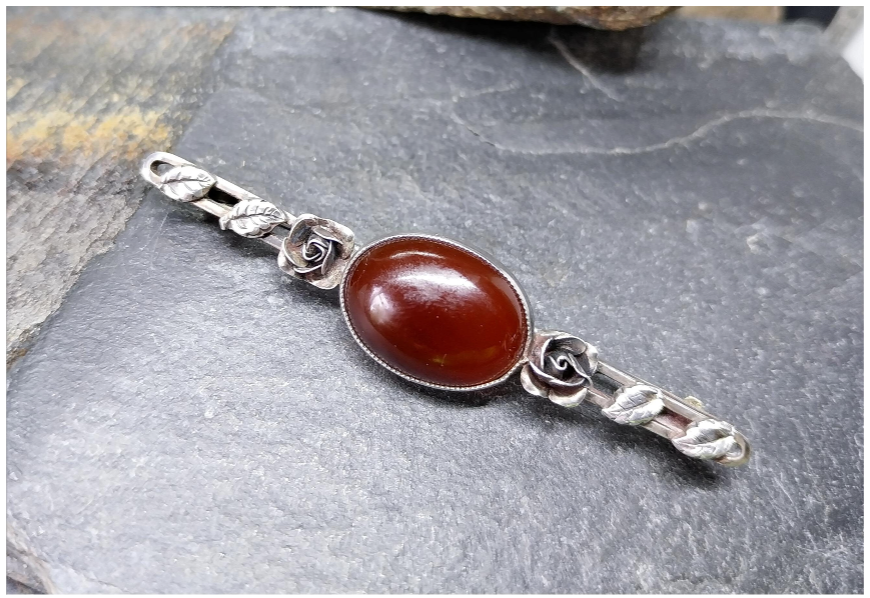 Antique Silver CARNELIAN ROSE Brooch - Sterling Silver Pin - 4.9g