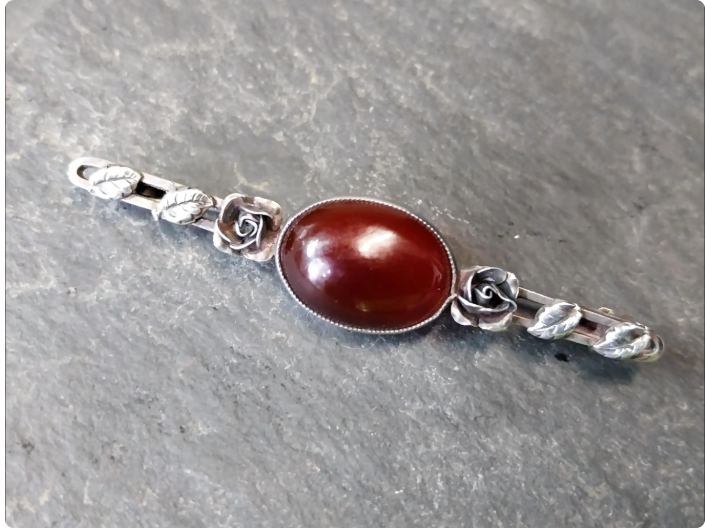 Antique Silver CARNELIAN ROSE Brooch - Sterling Silver Pin - 4.9g