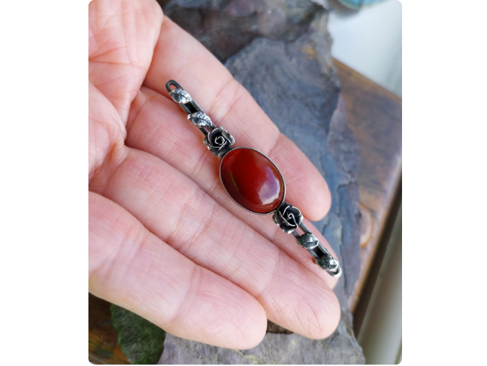 Antique Silver CARNELIAN ROSE Brooch - Sterling Silver Pin - 4.9g