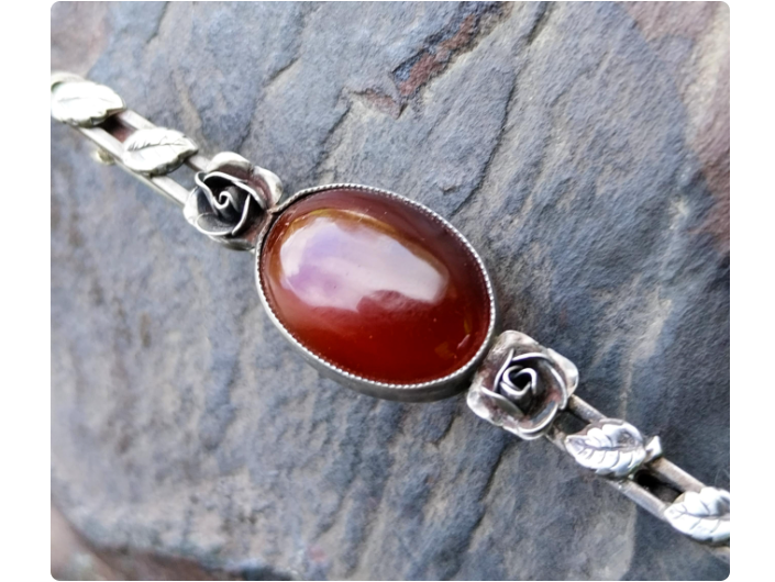 Antique Silver CARNELIAN ROSE Brooch - Sterling Silver Pin - 4.9g