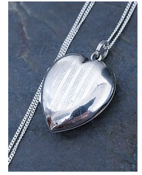 Antique Sterling Silver Heart Locket - Art Deco Style with 18" Chain - 4.5g